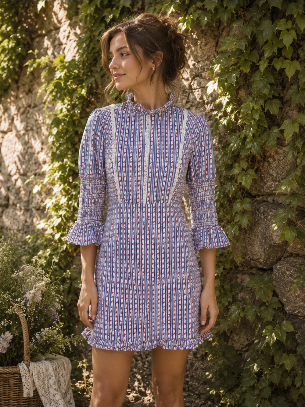 LAURA ASHLEY X URBAN OUTFITTERS Cotttagecore Red/Blue Striped Prairie Dress, M